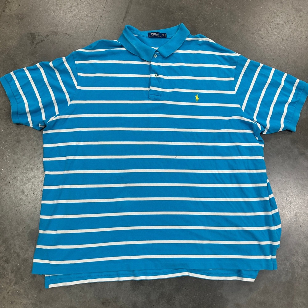 Polo Ralph Lauren Mens 4XB Big Blue White Striped Short Sleeve Polo Shirt Pony